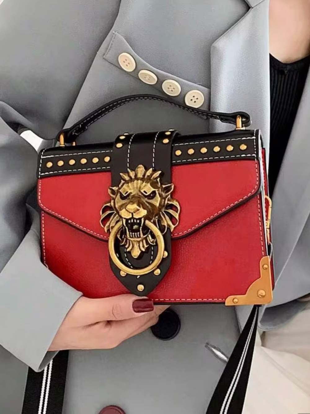 Red & Black Lion-Accent Top Handle Shoulder Bag - Picture 5 of 6